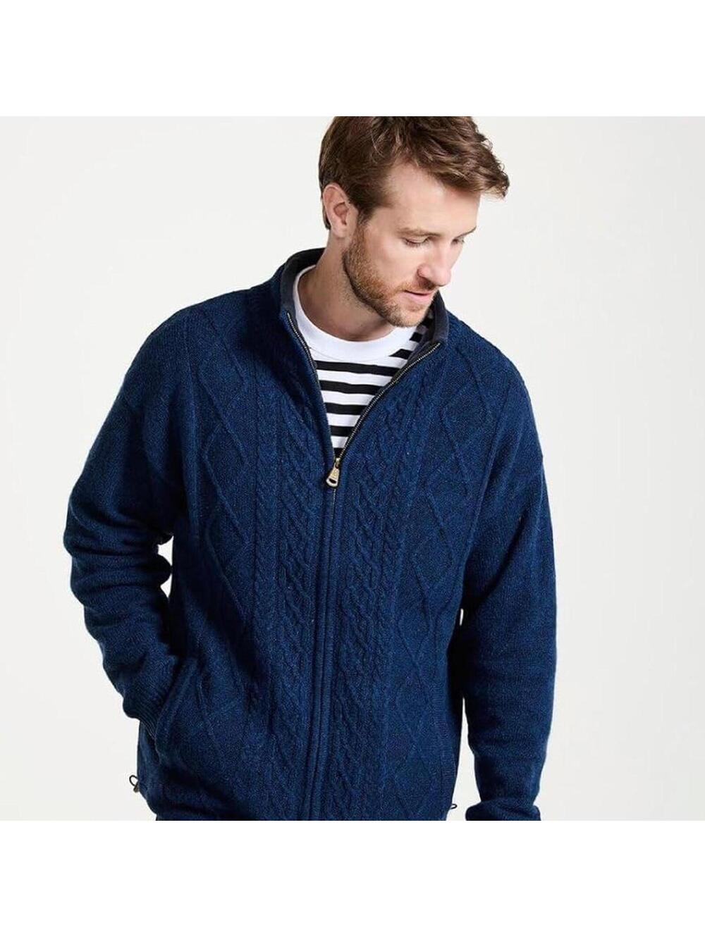 Aran Men's Irish Wool Sweater, Full Zip, Front Pockets, Lined Interior Blue